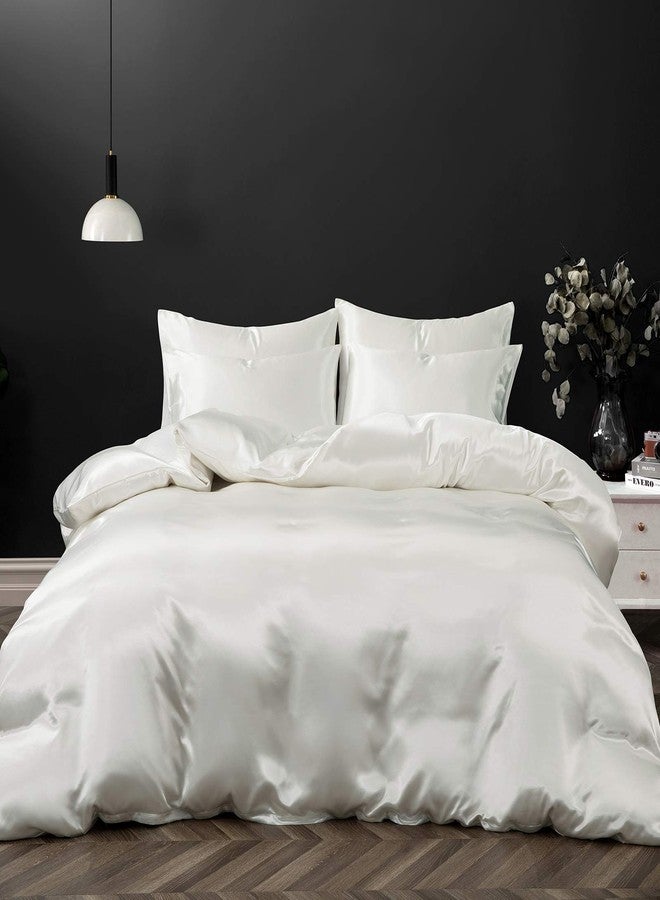P Pothuiny 5 Pieces Satin Duvet Cover California King Size, Luxury Silky Like Ivory White Duvet Cover Bedding Set with Zipper Closure, 1 Duvet Cover + 4 Pillow Cases (No Comforter) - Image 1